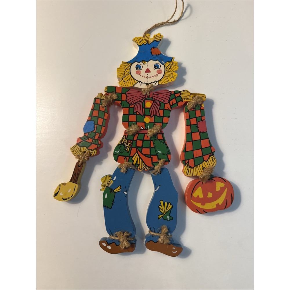 Vintage Scarecrow Wooden Painted Hanging Decor Fall Halloween Jackolantern 10"